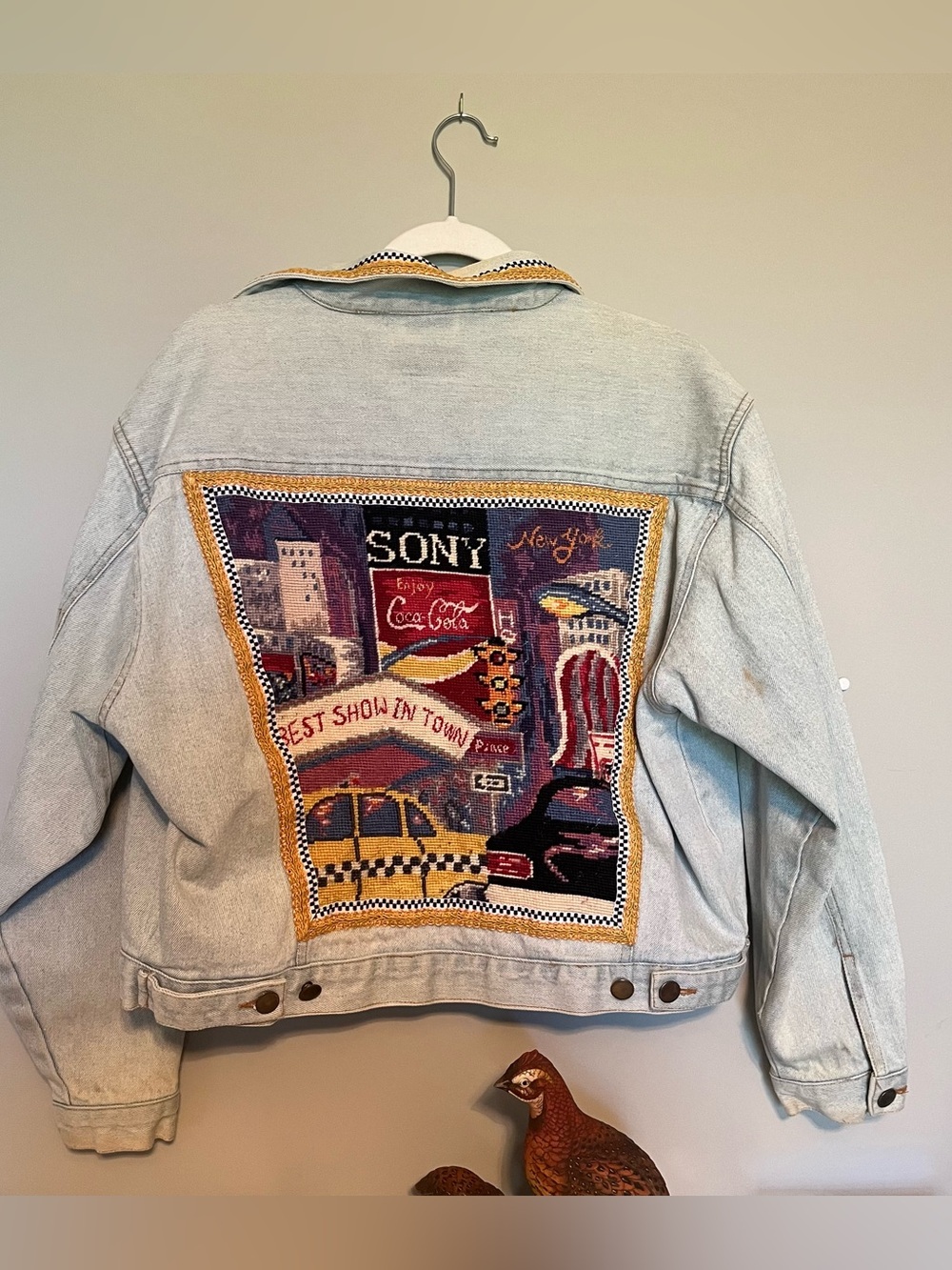 Vintage Kolorway New York Times Square Denim Jean Needle Point Jacket M STAINED